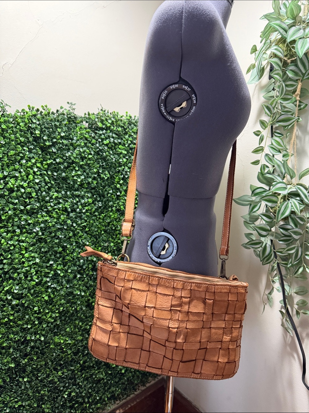 Woven Leather Crossbody Bag in Cognac